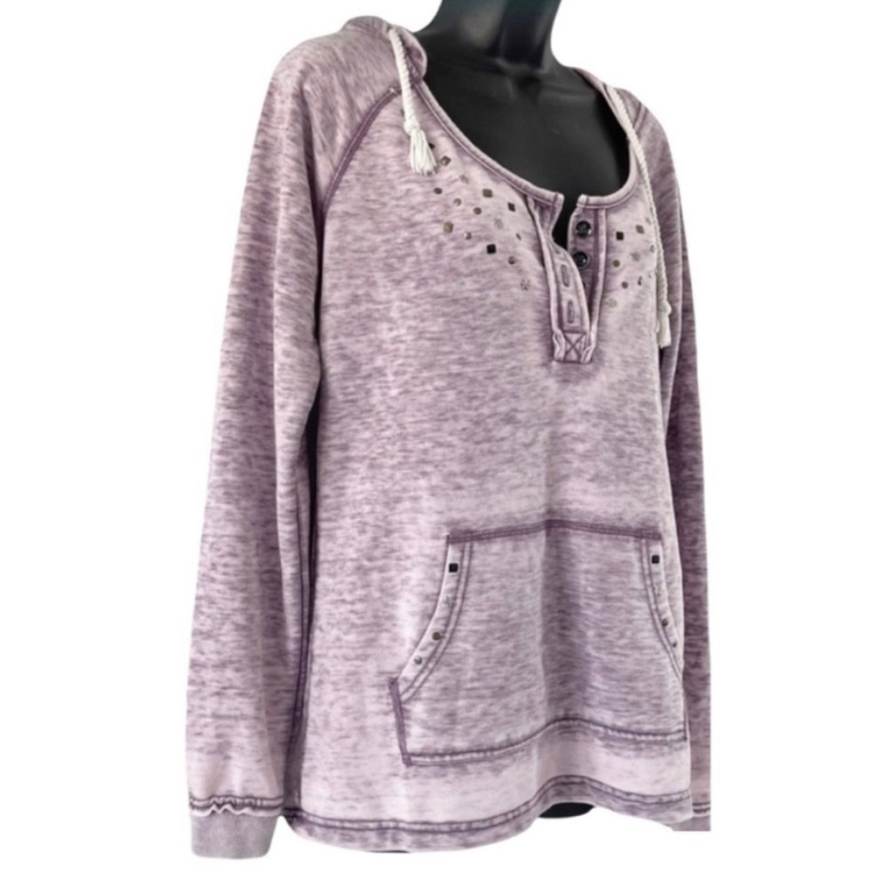 Roxy Stud Accent Purple Lightweight Burnout 1/4 Button Pullover Hooded Top Sm
